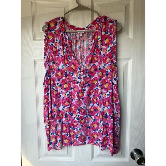 Time and Tru Tank Top Blouse XXXL Women's Pink Blue Floral Summer Coastal Barbie - Picture 1 of 4